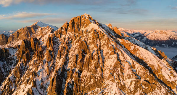 Panoramic view of Grigna mountain group at sunset in winter, grigna meridionale, province of lecco, lombardy, italy, europe
