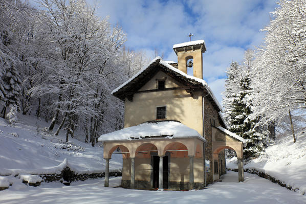 Madonna della Segna church after a snowfall, Monte di Comino, Verdasio, Centovalli, Canton Ticino, Switzerland