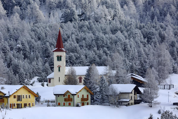 Church Chiesa Bianca in winter after a snowfall, Maloja, Engadin, Canton Grisons, Switzerland, Europe