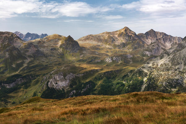 View on the wild valley of Santa Maria toward Pizzo del Sole from Piz di Cadreigh, Blenio valley, Canton Ticino, Switzerland, Europe