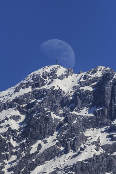 Summit of Monte Resegone mountains with and its cross and half mooon, Lecco, Province of Lecco, Italy, Lombardy