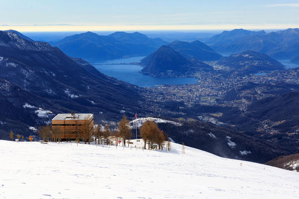 Capanna Monte Bar with Lugano and Lugano Lake in background, val Colla, Canton Ticino, Switzerland, Europe