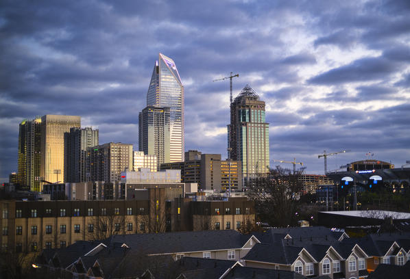 USA, North Carolina, Charlotte, Skyline of the city at sunset
