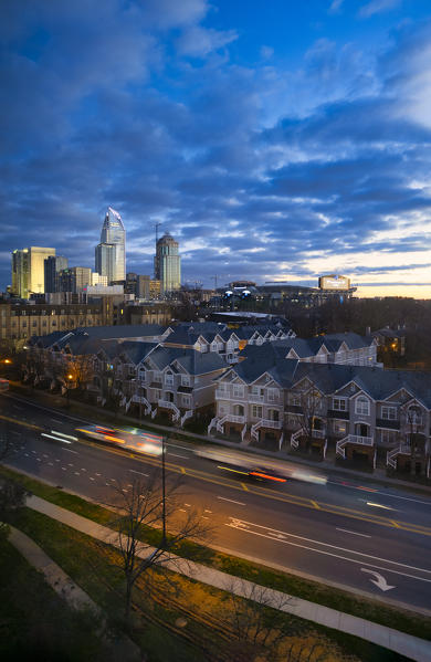 USA, North Carolina, Charlotte, Skyline of the city at sunset