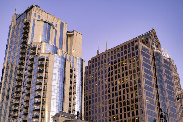 USA, North Carolina, Charlotte, Skyscrapers at sunset