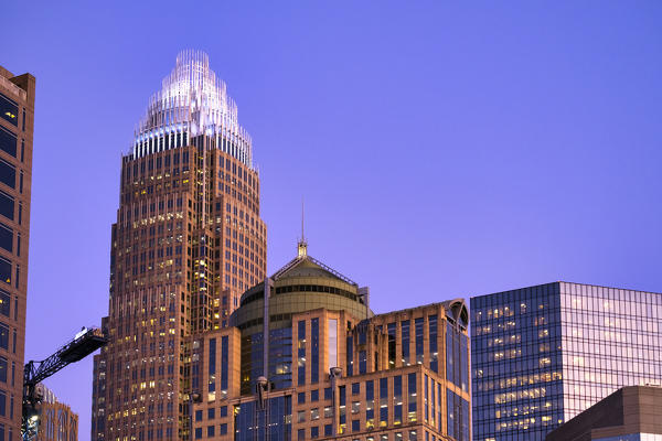 USA, North Carolina, Charlotte, Skyscrapers at sunset