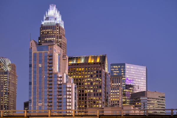 USA, North Carolina, Charlotte, Skyscrapers at sunset