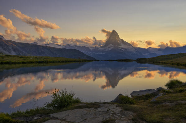 Switzerland, Zermatt, Matterhorn and lake Stellisee and sunset