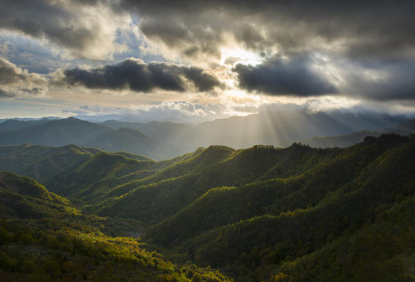 Rays of light on the forests in Apennines after a storm, Foreste Casentinesi NP, Emilia Romagna NP, Italy