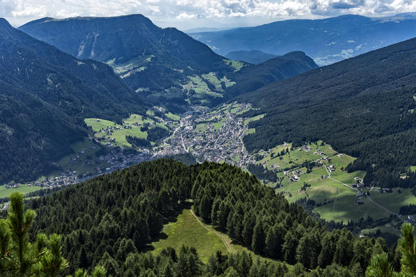 Aerial view of the town of Ortisei, Gardena Valley, Dolomites, Italy
