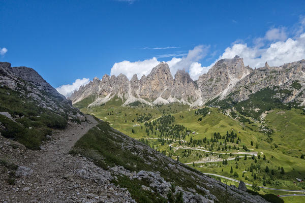 The Cir group in Odles mountain range, from Gardena Pass, Dolomites, South Tyrol Italy