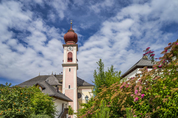 Bell tower of an old church,  Ortisei, Gardena Valley, Sud Tirol district, Dolomites, Sudtirol, Italy