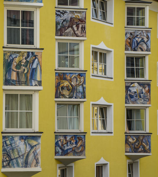 Painted windows,   Ortisei, Gardena Valley, Sud Tirol district, Dolomites, Italy