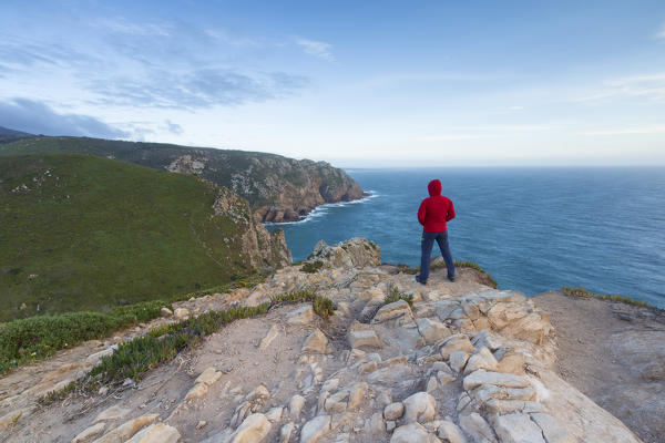 Sunset on the cape and lighthouse of Cabo da Roca overlooking the Atlantic Ocean Sintra Portugal Europe