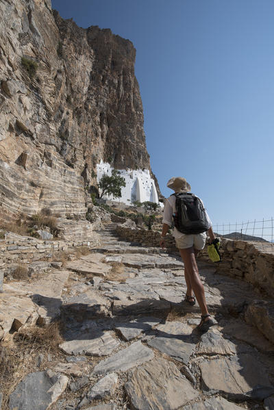 Amorgos island, Cyclades, Greece, Europe. The ancient monastery of Hozoviotissa has been built on the mountain rocks.