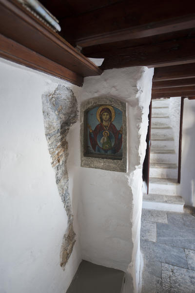 Amorgos island, Cyclades, Greece, Europe. The ancient monastery of Hozoviotissa has been built on the mountain rocks.