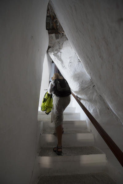 Amorgos island, Cyclades, Greece, Europe. The ancient monastery of Hozoviotissa on the mountain rocks.