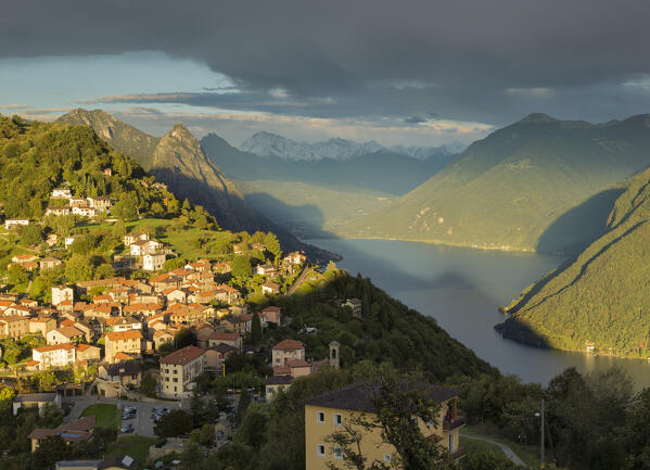 Lake Lugano at sunset seen from village of  Bre, Canton of Ticino, Switzerland, Europe