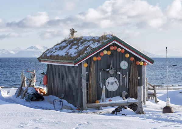 Strange Kitsch cabin facing sea near Andenes village  in the municipality of Andøy Vesterålen district of Nordland county Norway Europe