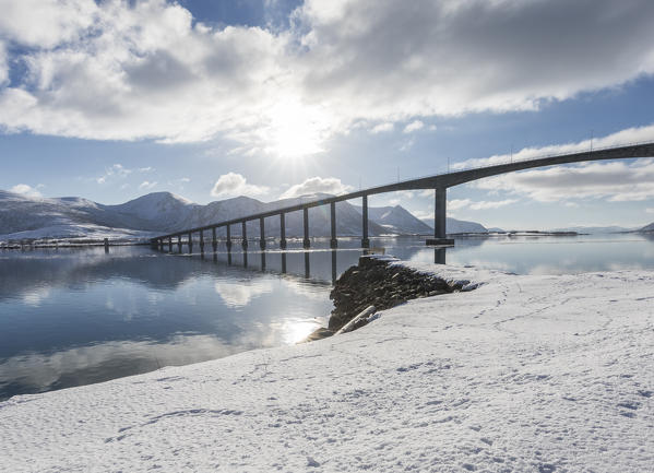 Andøy Bridge here in village of Risøyhamn.is a cantilever road bridge that crosses the Risøysundet and join the islands of Andøya and Hinnøya in Nordland county, Norway.