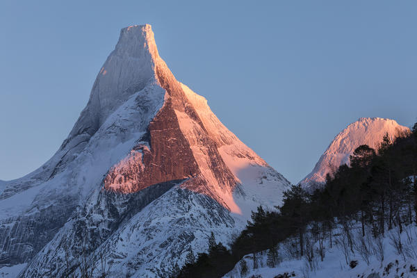 Last light on the Norway's national mountains granitic snowy peak called Stetind,tysfjord Nordland county Norway Europe