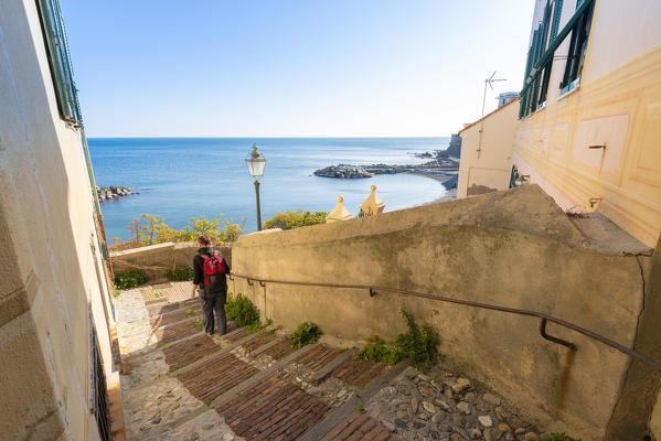 Hiker at Vernazzola, Genoa, Liguria, Italy