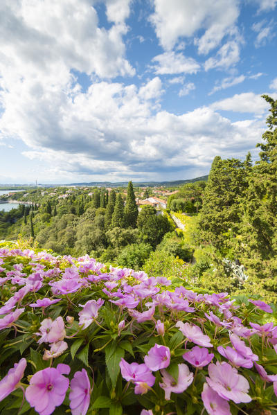 View of Duino seen from the garden of the castle, Duino, province of Trieste, Friuli Venezia Giulia, Italy