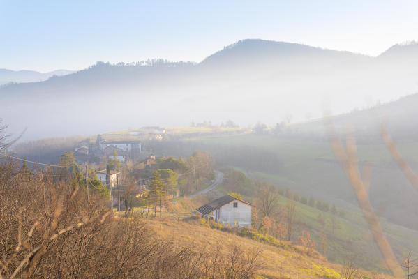 The village of Nebiolo in the sunset, Oltrepo Pavese, Province of Pavia, Lombardy , Italy