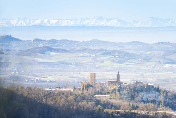 Nazzano and a view of the alps, Oltrepo Pavese, Province of Pavia, Lombardy , Italy