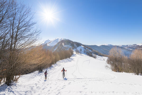 Hikers on the path for Monte Lesima (Valle Staffora, Oltrepo Pavese, Apennines, Province of Pavia, Lombardy, Italy)