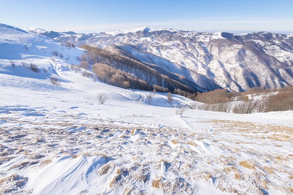 The ridges of high Valle Staffora, seen from the slopes of Monte Lesima (Valle Staffora, Oltrepo Pavese, Apennines, Province of Pavia, Lombardy, Italy)