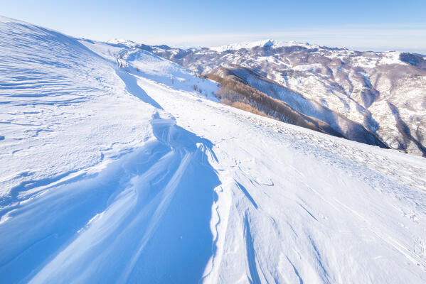 Trasformed snow on Monte Lesima (Valle Staffora, Oltrepo Pavese, Apennines, Province of Pavia, Lombardy, Italy)