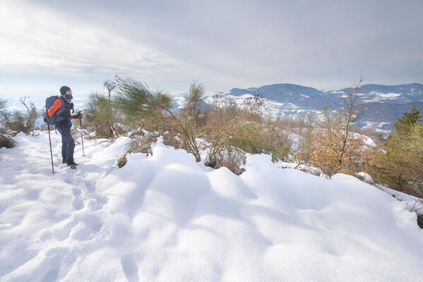 Hiker on Monte Morino (Val Schizzola, Oltrepo Pavese, Apennines, Province of Pavia, Lombardy, Italy)