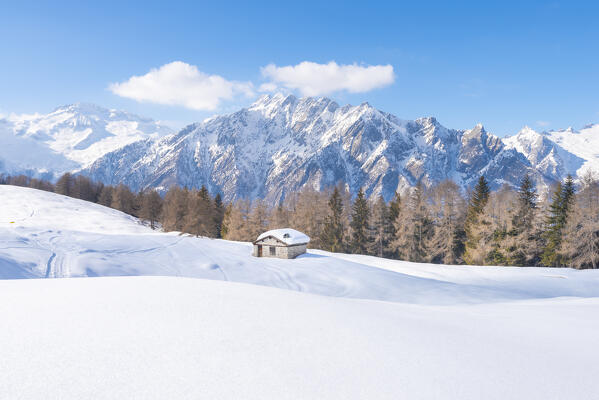 A lonely cottage with Cima del Calvo in the background, Valtellina, province of Sondrio, Lombardy, Italian alps, Italy