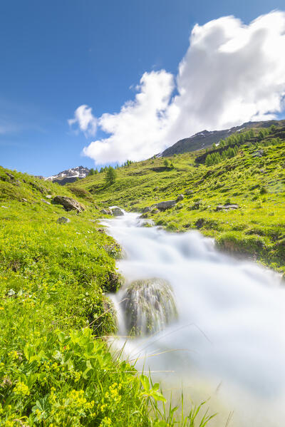 Torrent in full flood, Comba Deche, Nus, Aosta Valley, Italian alps, Italy