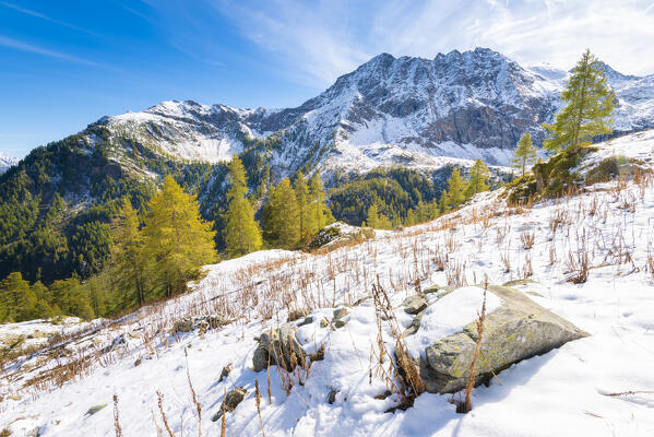 First snow in Alleigne valley, Champorcher valley, Aosta Valley, italian alps, Italy