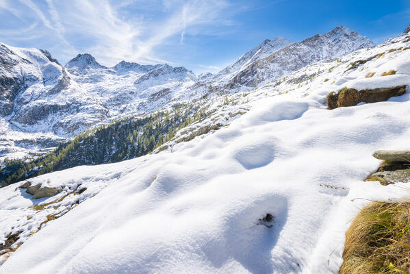 Snowy landscape in high Alleigne valley, Champorcher valley, Aosta Valley, italian alps, Italy