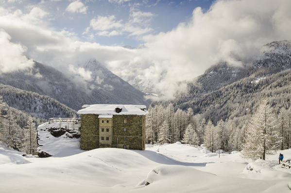 Fortified chalets just beyond the snowy wood. (Val d'Ayas, Valle d'Aosta, Italy)