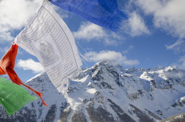 Tibetan flags and snowy peaks (Val d'Ayas, Valle d'Aosta, Italy)