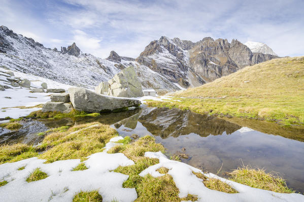 Snow and a puddle, Possette pass, Val Divedro, Ossola, Piedmont, Italian alps, Italy