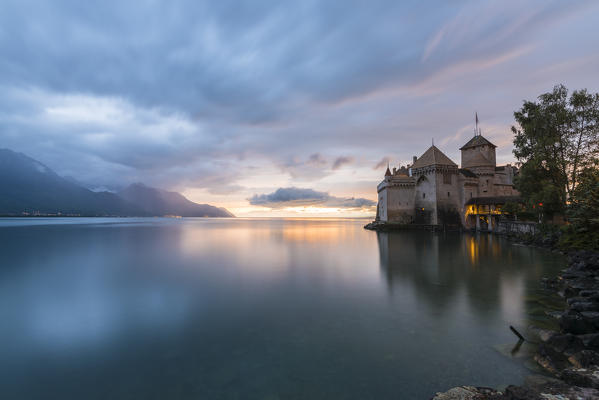 Chillon castle at sunset, Canton of Vaud, Switzerland, Swiss alps