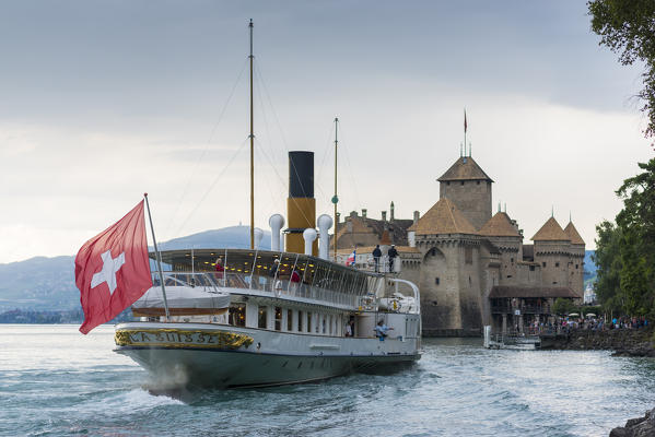 Boat landing near Chillon castle, Canton of Vaud, Switzerland, Swiss alps