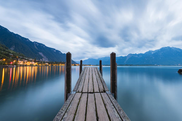 The little harbor of Chillon, Canton of Vaud, Switzerland, Swiss alps