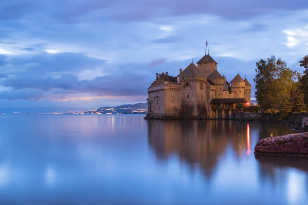 Chillon castle in the evening, Canton of Vaud, Switzerland, Swiss alps
