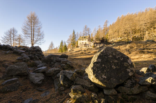 Early morning at Refuge Crosta, Val Divedro, Ossola, Piedmont, Italian alps, Italy