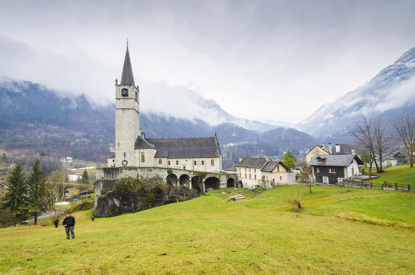 The church of San Gaudenzio and the village of Baceno, Ossola, Piedmont, Italian alps, Italy