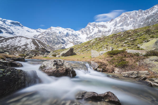 Torrent under the moraines of Belvedere glacier, Valle Anzasca, Ossola, Pennine Alps, Italian alps, Italy