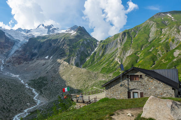 Elena hut and Pre de Bar glacier in Ferret valley, Mont Blanc massif, Aosta province, Aosta Valley, Alps, Italy, Europe