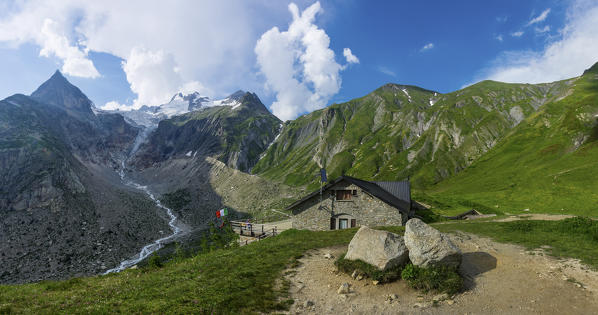 Elena hut and Pre de Bar glacier in Ferret valley, Mont Blanc massif, Aosta province, Aosta Valley, Alps, Italy, Europe
