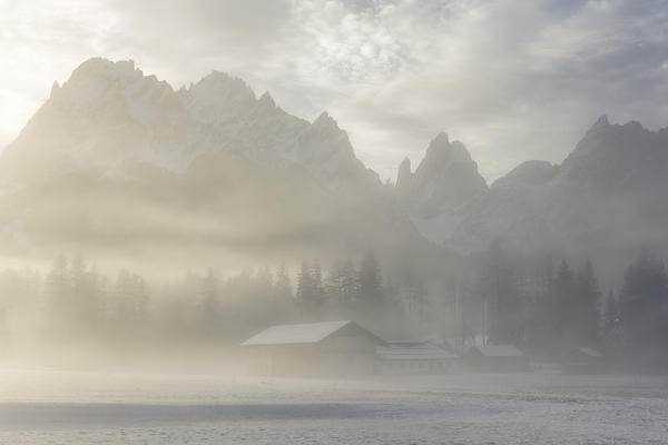 Early morning in Pusteria Valley, view towards Croda dei Toni, Trentino Alto Adige, Italy, Europe